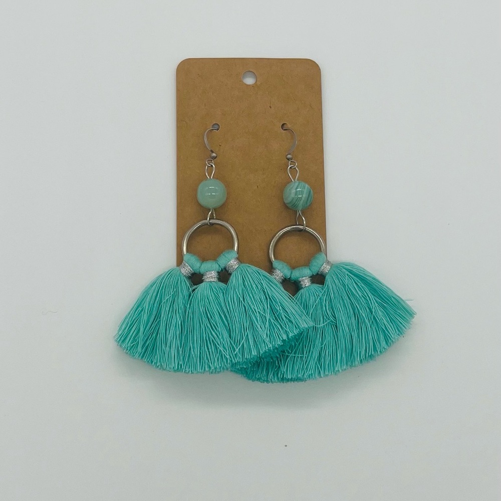 Elegant Turquoise thread Tassel Earrings with Amazonite gemstone NEW